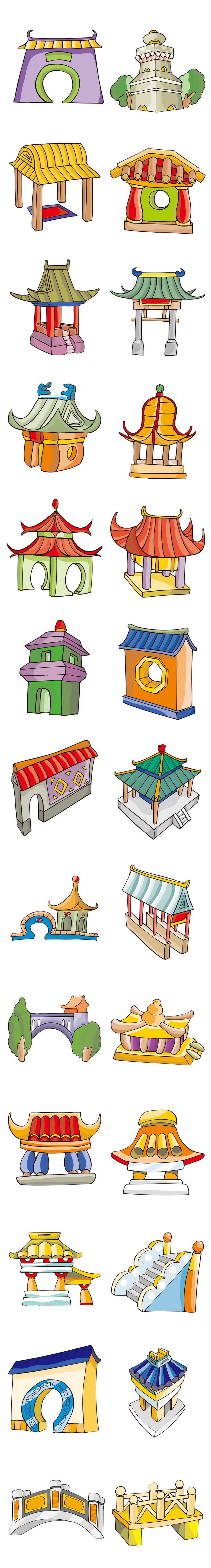  中国传统古代建筑古镇风景卡通扁平化图案背景PNG免抠eps矢量素材	